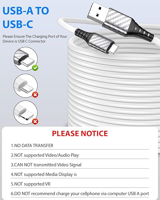 30ft Long USB C Cable to USB A 10W 12W 18W 20W Heavy-Duty Power Extension Cord USBA to USBC Charging for Samsung/Galaxy Note 20 Ultra for Tapo/TP-Link/Xiaomi/Mi/eufy Security CCTV Camera White