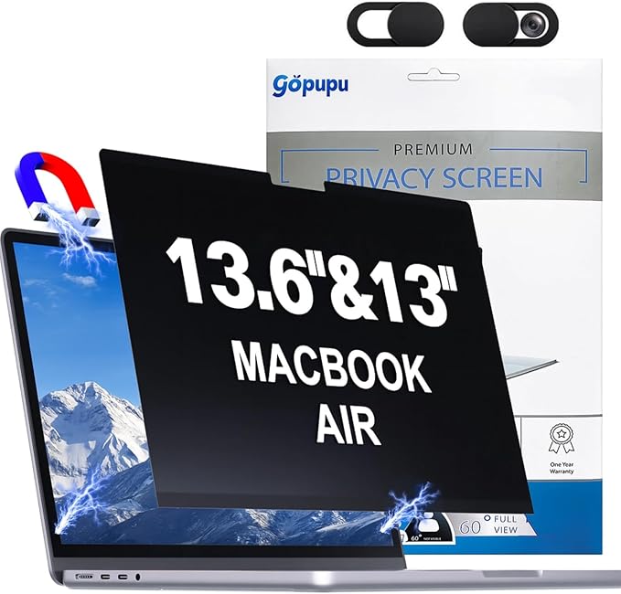 Magnetic Privacy Screen Camera Cover Compatible with Macbook Air 13.6 inch Screen Filter 2022-2026 M2 M3 M4 M5, Removable Mac Air 13.6 inch Screen Protector Privacy A2681 A3240 A3449 A3113 Anti Glare Blue Light Anti Spy