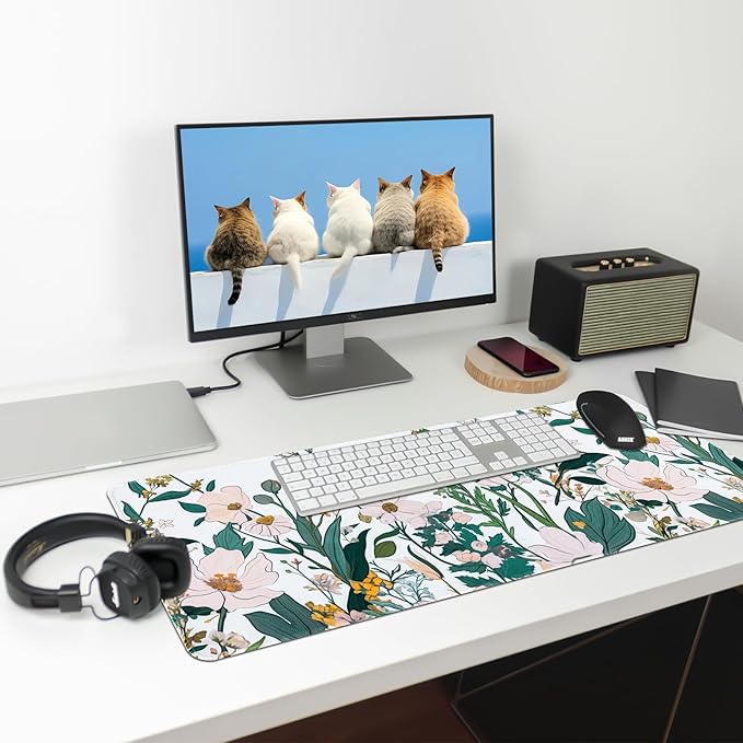 Floral Desk Mat, Desk Matt for Desktop Non-Slip, Large Mouse Pad with Stitched Edges, XL Computer Desk Mat for Women Office Decor (Yellow, 31.5" x 15.7")