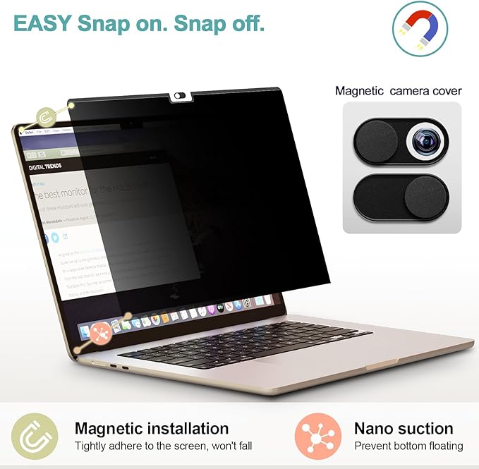 IPROKKO Magnetic Privacy Screen Protector Compatible with MacBook Air 15 Inch (2023-2026, M2 M3 M4 M5) - A2941 A3114 A3241 A3448 , Removable Matte Anti Glare Blue Light Spy Filter for Mac Air 15.3" Laptop