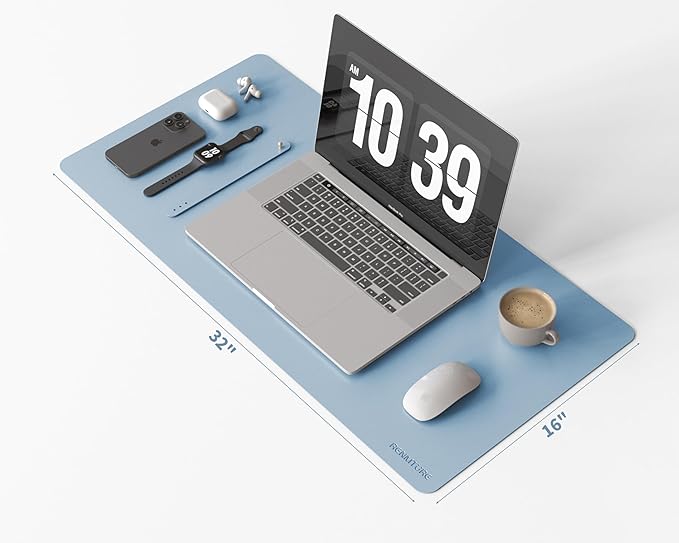 RENMTURE PU Mouse Pad, Faux Leather Large Desk Pad, Home Work Office Accessories, Non-Slip Desk Mat, Waterproof Gaming Pad Desk Blotter (32"x16", Blue)