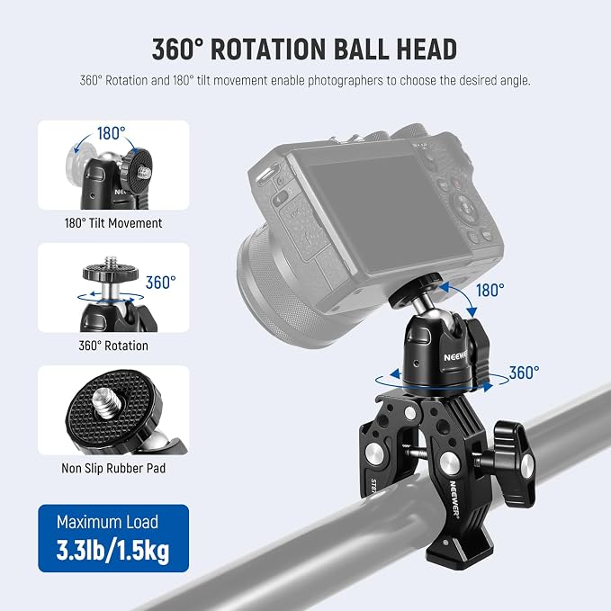 Neewer Super Clamp with Ballhead, Cold Shoe, Phone Holder and Action Camera Mount Adapter for Flat/Round Surface Compatible with GoPro DJI iPhone 15 Pro Max, ST87 - Image 4