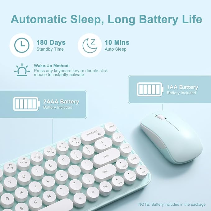 i68 Wireless Typewriter Keyboard and Mouse Combo,2.4GHz Cordless Connection, Cute Retro Aesthetic Design Round Keycaps for Tablet, Phone, PC and Win/Mac/Android(Green)