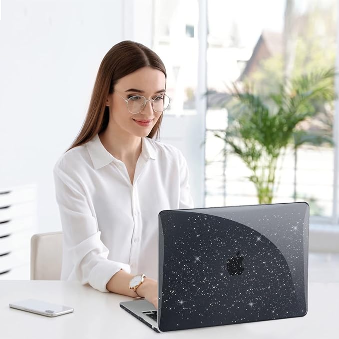 EooCoo Case Compatible with MacBook Air 13 inch M5 2026-2022 Release M4 M3 M2 A3449 A3240 A3113 A2681, Glitter Hard Shell&Keyboard Skin Cover&Screen Protector for Mac Air 13.6 inch, Sparkly Black