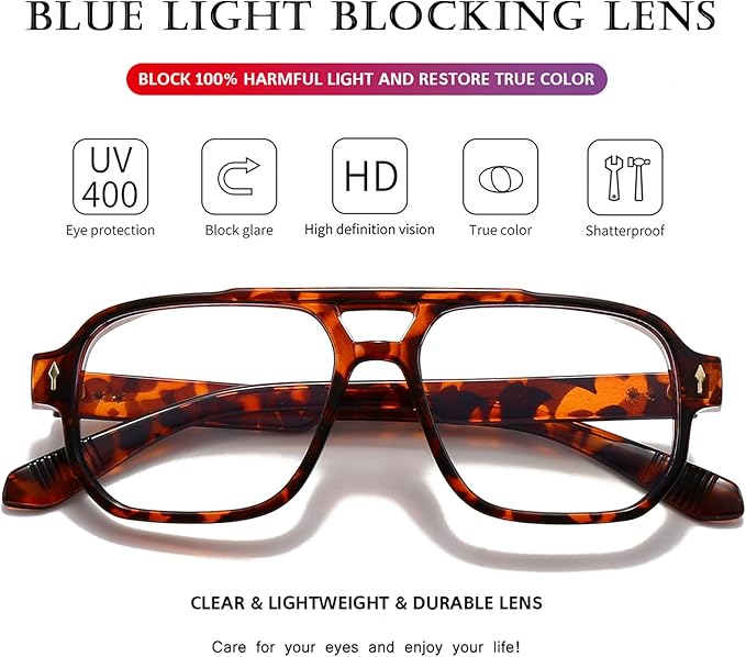 PORADAY Blue Light Blocking Glasses for Women Men 70s Retro Square Aviator Eyeglasses Rectangle Computer Eyewear