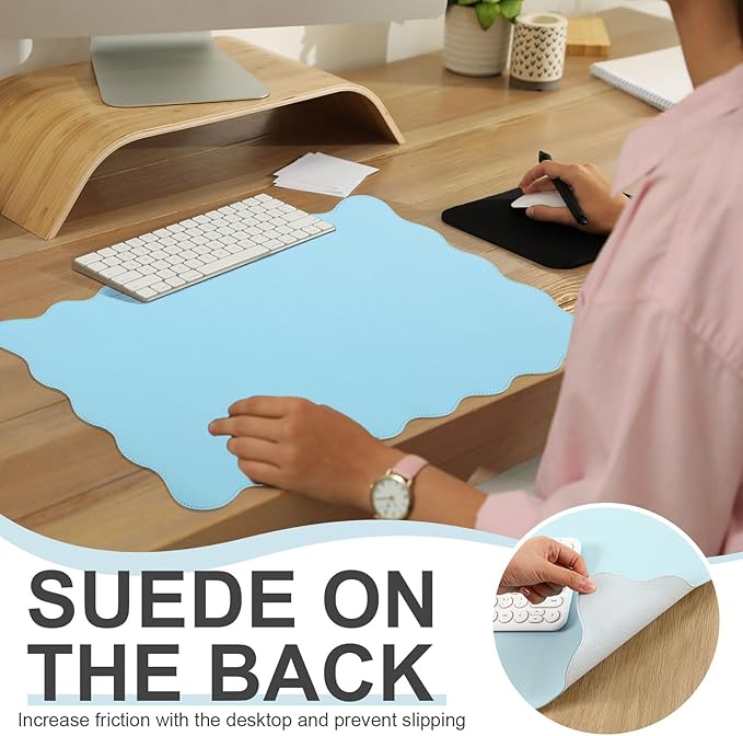 Scalloped Desk Mat Leather Desk Pad Protector Non-Slip PU Leather Table Protector Waterproof Mouse Pad Keyboard Mat Curly Mousepad PC Accessories Gift for Office Home(Light Blue)