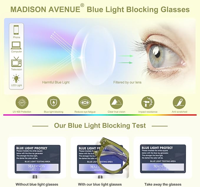 Madison Avenue Oversized Blue Light Blocking Glasses for Women Fashion Blue Light Blockers Anti Eyestrain & UV Protection Computer Eyeglasses (Olive Green)