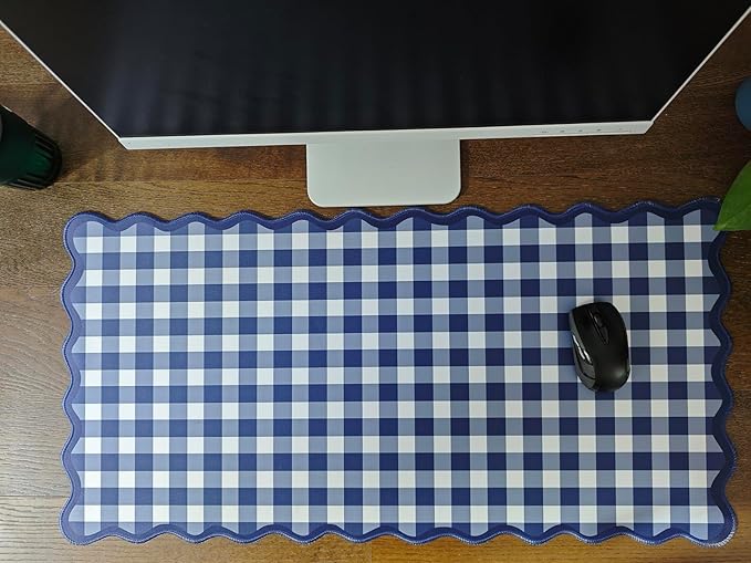 Scalloped‌ Checkered Desk Mat Cute Dark Blue XXL Large Gaming Mouse Pad Gingham Kawaii Cottagecore ‌Vintage‌ Laptop Keyboard Computer Mat for Desktop Aesthetic Desk Pad Accessories Decor
