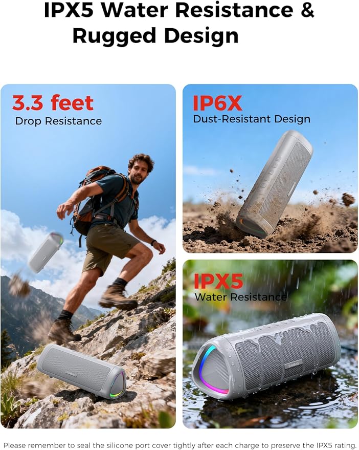 Bluetooth Speaker with HD Sound, Portable Wireless, IPX5 Waterproof, Up to 20H Playtime, TWS Pairing, BT5.3, for Home/Party/Outdoor/Beach, Electronic Gadgets, Birthday Gift (Grey)