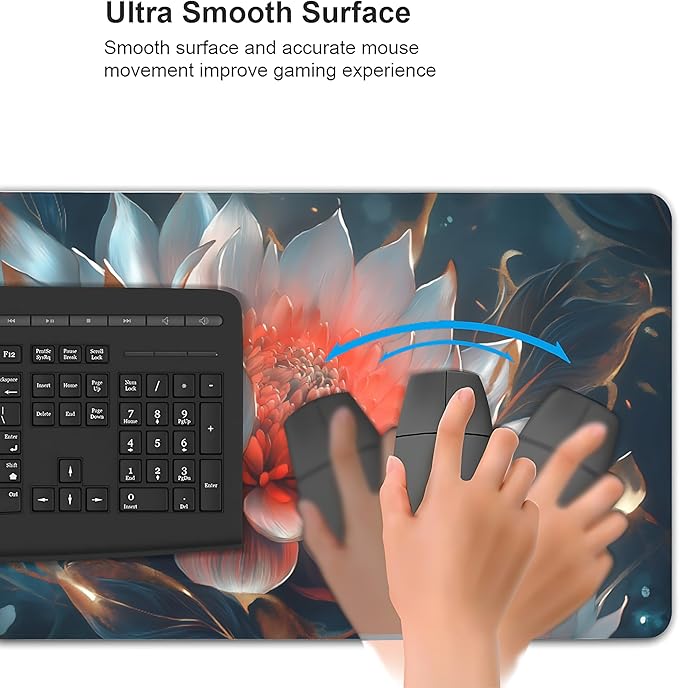 Floral Aesthetic Lotus Gaming Mouse Pad, Ink Blue Red Cyber Desk Mat with Anti-Slip Base & Stitched Edges,35.4" x 15.7" in Table Mat for Computer Desktop, Beautiful Workstation Decor