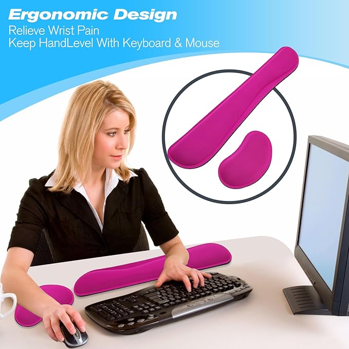 Keyboard Wrist Rest and Mouse Wrist Rest Set - Ergonomic Memory Foam Wrist Cushion - for Wrist Support on Computer, Laptop, Office, Playing Games, Typing Relieves Wrist Pain Rose Red