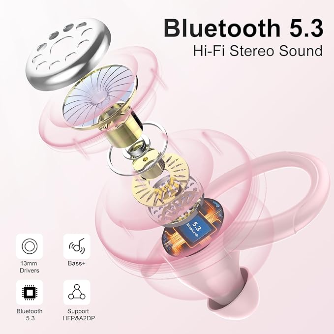 Wireless Earbuds Bluetooth 5.3 Headphones Sports, 48H Over Ear Buds with ENC Mic, Stereo Deep Bass Bluetooth Earbuds with Secure Earhooks, LED Display, IPX7 Waterproof Earphone for Running/Gym Rose