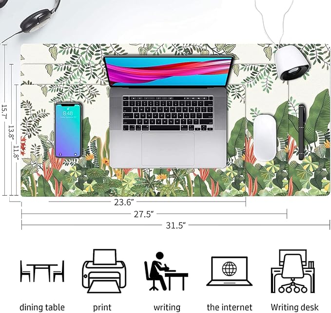 Desk Mat Large Protector Pad 31.5" ×15.7", Non-Slip PU Leather Desk Blotter, Waterproof Mouse Pad for Office Home Foliage