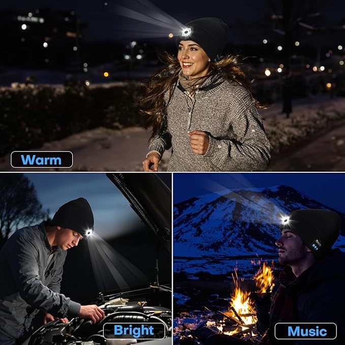 Bluetooth Beanie with Light, USB-C Charging 5 LED Flashlight Hat, Built-in Stereo Speakers Mic, Christmas Stocking Stuffers White Elephant Gifts for Men Dad Teens Boys for Camping Fishing
