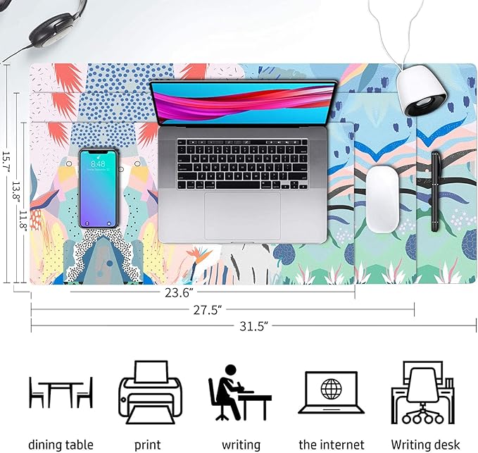 Desk Mat Large Protector Pad 23.6" ×11.8", Non-Slip PU Leather Desk Blotter, Waterproof Mouse Pad for Office Home Flowery