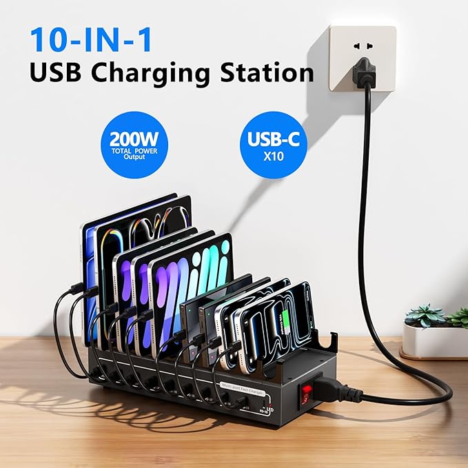 200W Charging Station for Multiple Devices, 10 Ports USB C Fast Charger Station, Desktop Multi-Port Fast Charger with Storage Dividers, Compatible with Cellphone, Kindle, Tablet, iPhone, iPad and More