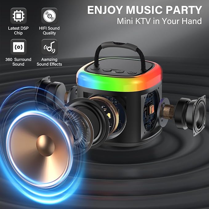 JYX Mini Karaoke Machine for Kids - Black Bluetooth Speaker Unpowered Cabinets with Party Lights and 1 Wireless Microphone, Great for Adults, Ideal for Family Home Parties and Birthday Gifts