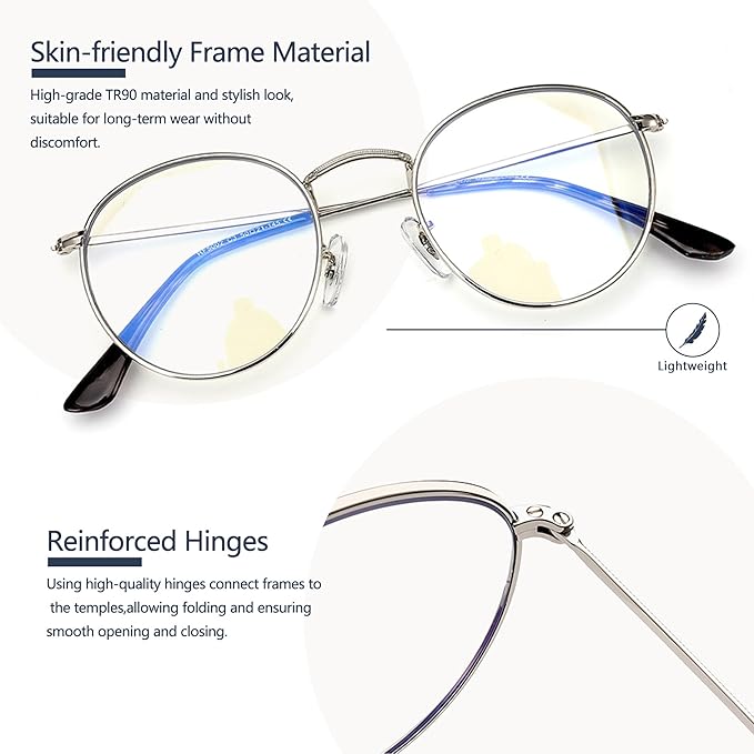 Round Blue Light Blocking Glasses for Men Women, Circle Metal Wire Rimmed Frame Glasses Anti Glare & UV RF5002