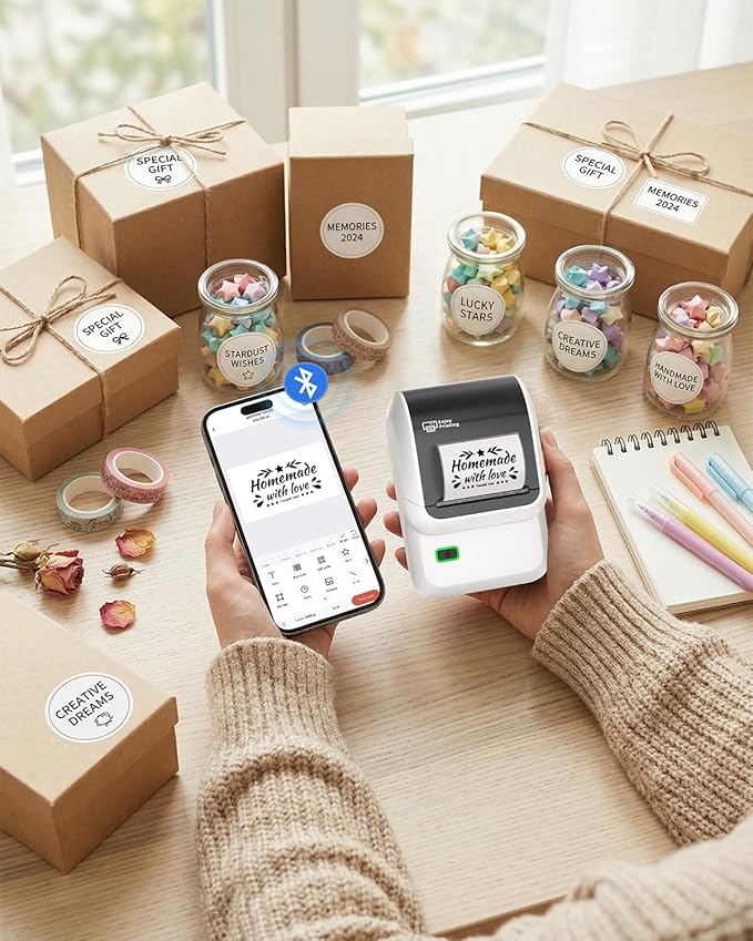 Label Maker, M100 Address Label Printer, Versatile App with 4000 Icons and 300 Templates, Barcode Bluetooth Label Printer for Small Business, Home, Office, School Organization, White