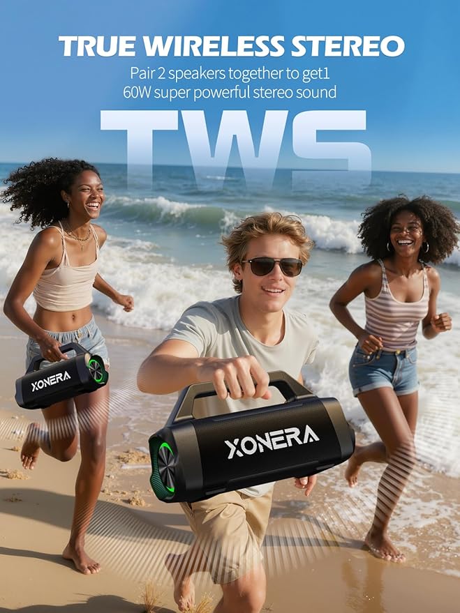 Speakers Bluetooth Wireless, 80W Peak Loud Outdoor Speaker with Bass, 20H Playtime, IPX6 Waterproof, TWS，BT5.3, Portable for Camping Hiking Boating Pool Beach(Black)