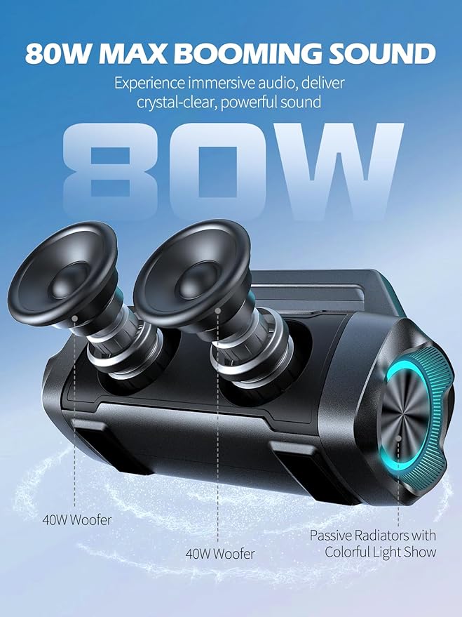 Speakers Bluetooth Wireless, 80W Peak Loud Outdoor Speaker with Bass, 20H Playtime, IPX6 Waterproof, TWS，BT5.3, Portable for Camping Hiking Boating Pool Beach(Black)
