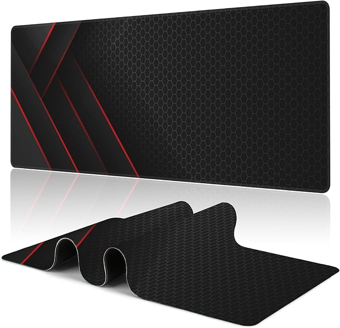 Gaming Desk Pad, Black Red Honeycomb Technology, 31.5"X15.7" Extended Mat with Stitched Edge Non-Slip Base for Office, Keyboard, Laptop