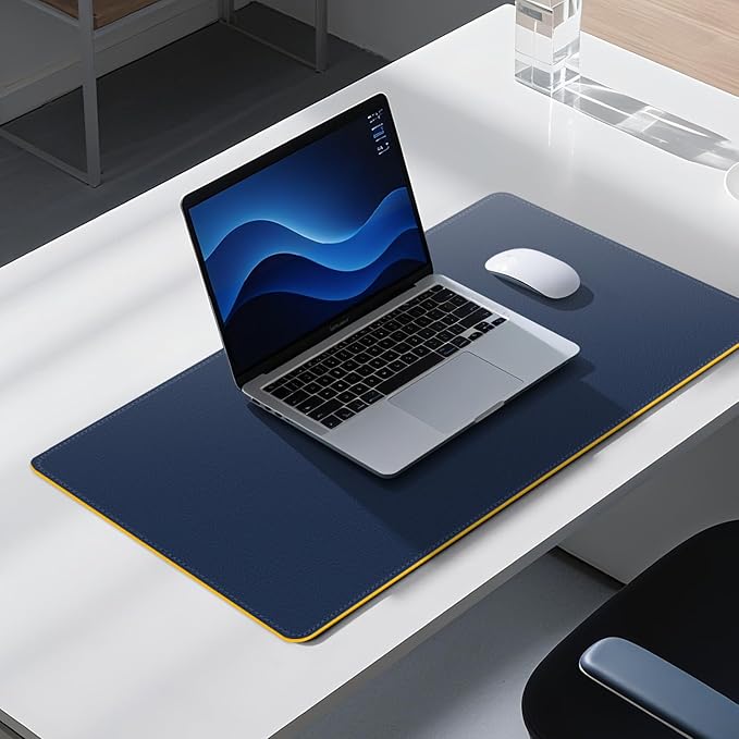 Dual Sided Leather Desk Mat - Waterproof Desk Pad - Ideal for Large Mouse Pad and Desk Mats on Top of Desks (Dark Blue, 33"*13")