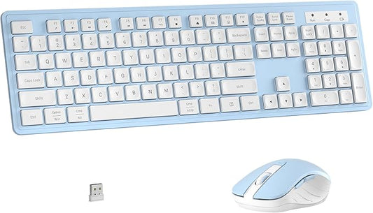 Wireless Keyboard and Mouse Combo, Full-Size 104-Key Office Keyboard with 15 Function Keys, Numeric Keypad, Single USB Receiver, Compatible with PC and Laptop(Blue White)