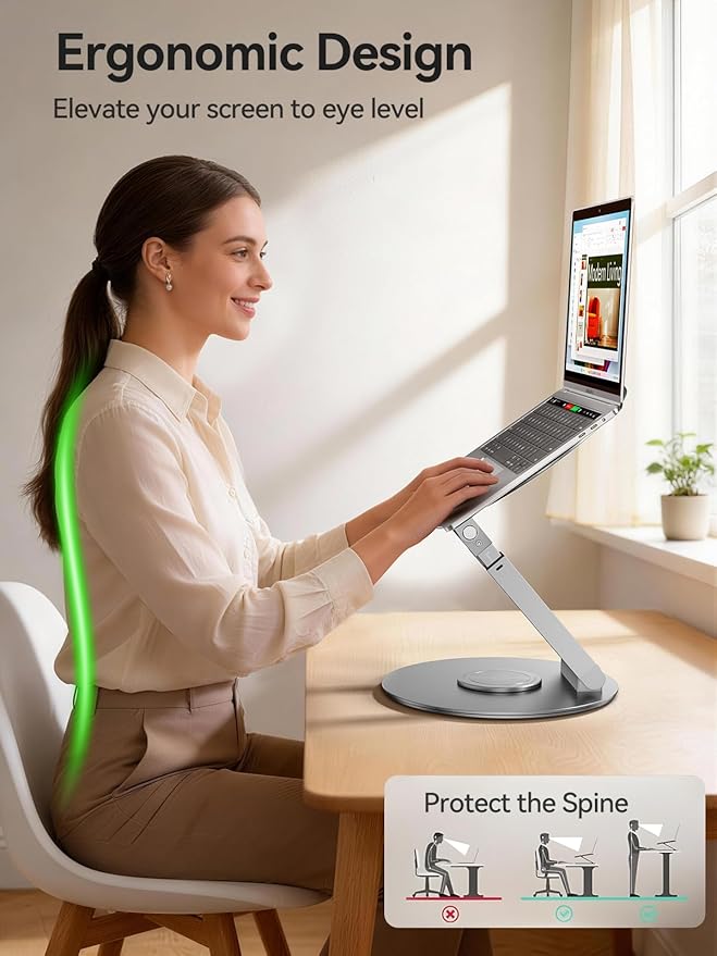 Telescopic Laptop Stand with 360° Rotation, Adjustable Height & Tilt Swivel Laptop Riser, Ergonomic Standing Desk Converter for 10-17" MacBook Pro/Air, Dell, HP – Supports up to 22lbs (Silver)