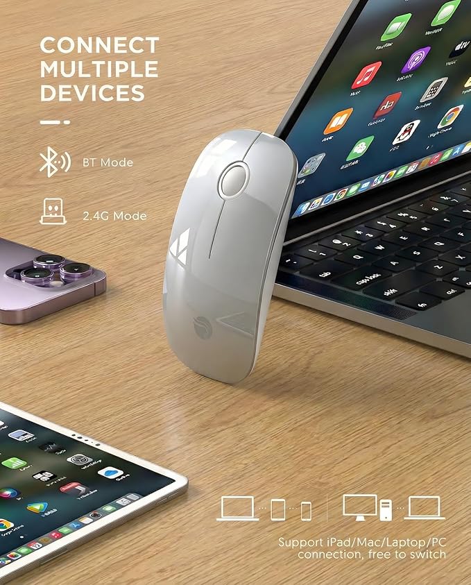 RAPIQUE R306 Wireless Mouse, Bluetooth 5.1 & 2.4GHz Dual Mode Silent Mouse, Silver Gloss Top with White Matte Base, Slim Portable Mouse for Laptop, MacBook,Tablet, Chromebook (Silvery)