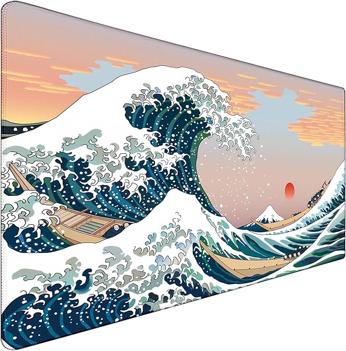 Japanese Large Mouse Pad,Desk Mat Office Desk Pad, Extended Large Mouse Mat for PC, Stitched Edges Gamer Mousepad 35.4 X 15.7 Inch Long Mice Pad, Sunset Sea