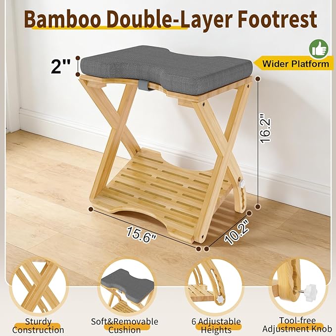 Double Step Foot Rest Under Desk at Work, Bamboo Foot Stool with 6 Adjustable Heights, Ergonomic Under Desk Footrest with Cushion for Home, Office & Gaming (Natural Color)