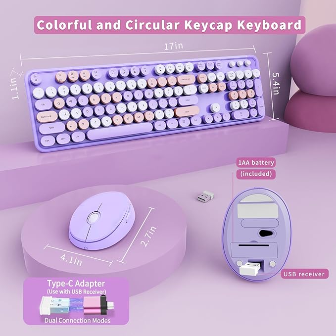 Wireless Keyboard and Mouse Combo, Ergonomic Full Size Typewriter Retro Round Keycaps Keyboard, Compatible with Windows, PC, Perfer for Home and Office Keyboards (Purple