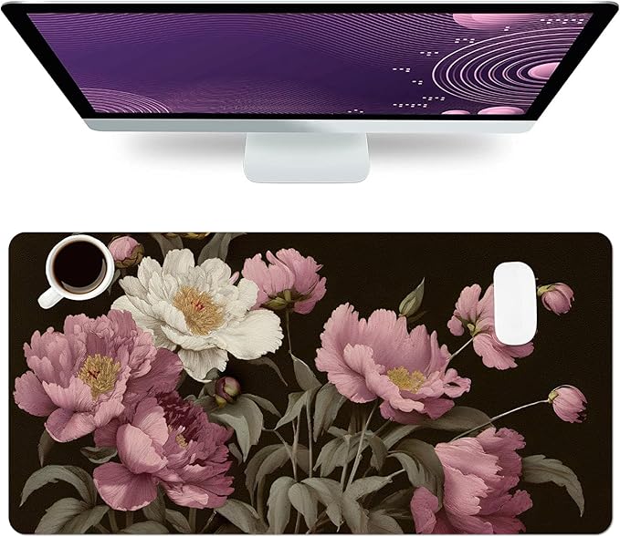 Large Mouse Pad, Black Floral Desk Mat for Desktop, Women Girls Flowers PU Leather Waterproof Desk Pad, Computer PC Laptop Protector Gaming Mouse Pads for School Office Home 23.6" x 11.8"