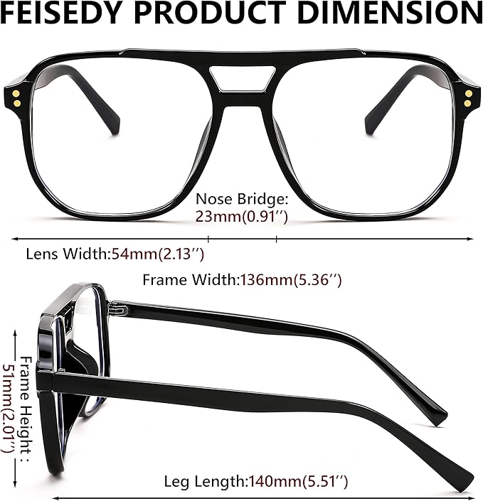 FEISEDY 2Pack Blue Light Blocking Glasses Fake Nerd Clear Square Computer Lightweight Pilot Glasses Frame Oversized B2866