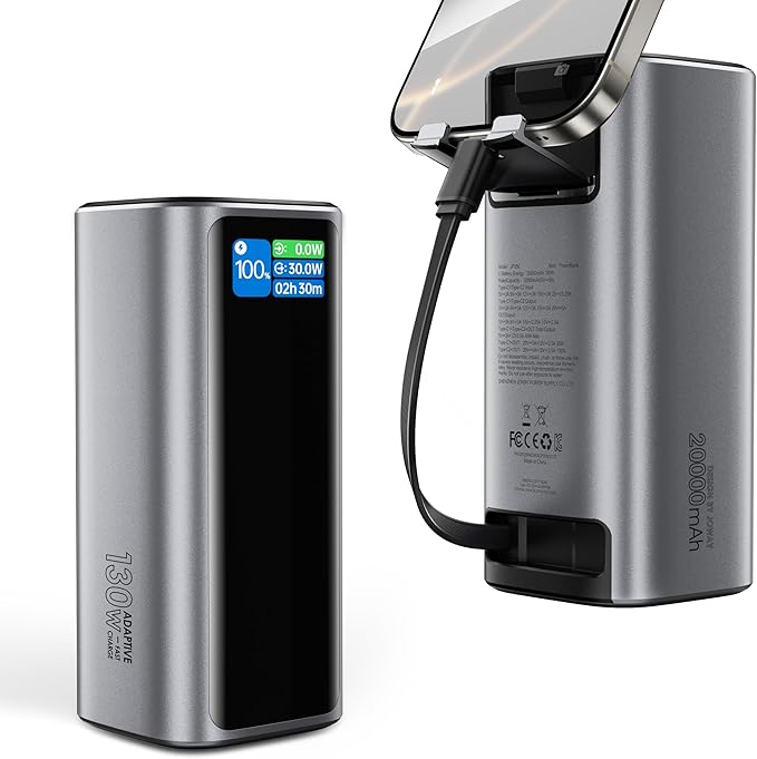Laptop Power Bank, 130W Portable Charger with Dual Ports & Built-in Retractable Cable, 20000mAh Portable Power Bank with Smart Digital Display, for iPhone 17/16/15 Pro/Pro Max Series, MacBook, Silver