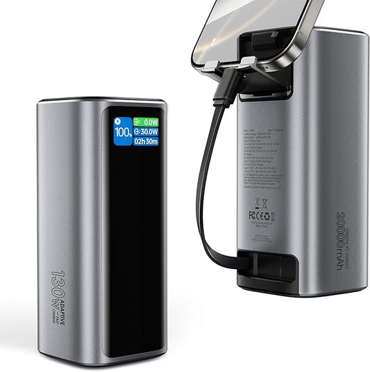 Laptop Power Bank, 130W Portable Charger with Dual Ports & Built-in Retractable Cable, 20000mAh Portable Power Bank with Smart Digital Display, for iPhone 17/16/15 Pro/Pro Max Series, MacBook, Silver