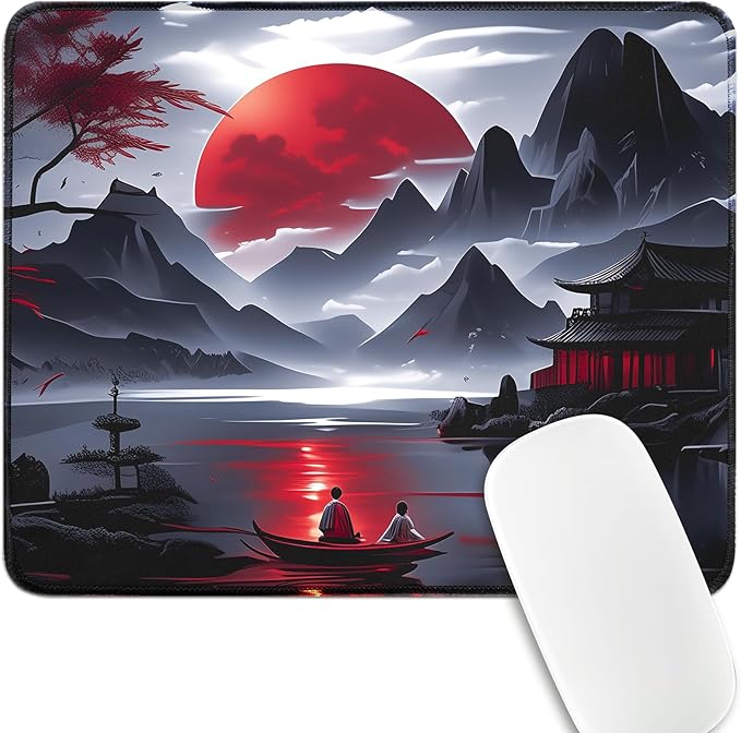 Small Gaming Mouse Pad, Anime Black Mousepad with Stitched Edges, Expanded Cool Desk Mat, Japanese Red Moon Keyboard Mat Suitable for Home Office,10.2 X 8.3 Inch