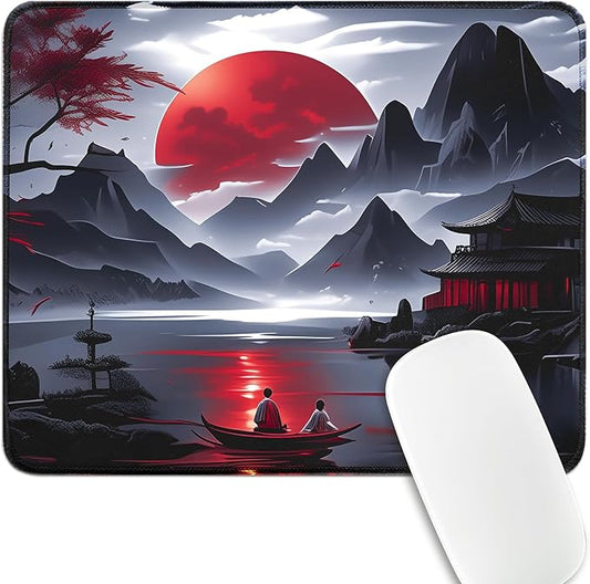 Small Gaming Mouse Pad, Anime Black Mousepad with Stitched Edges, Expanded Cool Desk Mat, Japanese Red Moon Keyboard Mat Suitable for Home Office,10.2 X 8.3 Inch