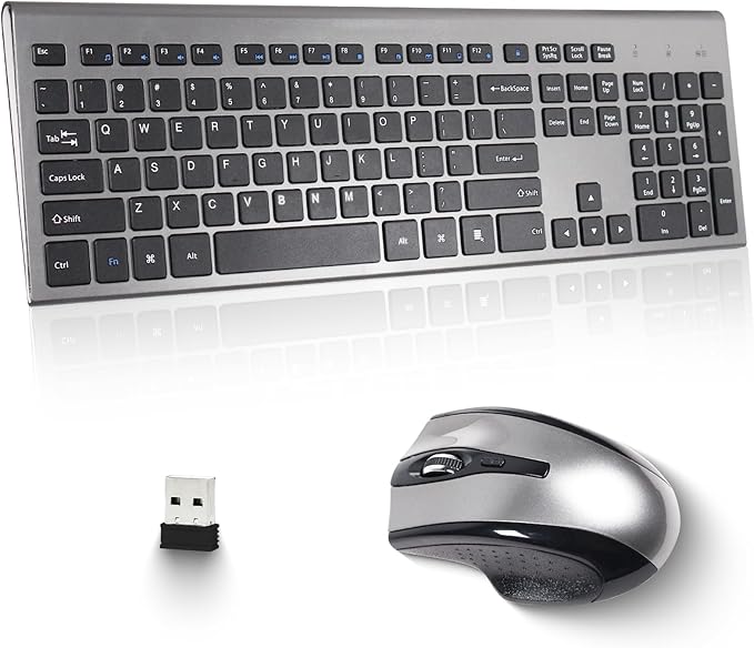 Wireless Keyboard and Mouse Combo 17inch Full Size 2.4G USB Ergonomic Slim Wireless Keyboard for PC Laptop Tablet Desktop Computer,Windows Silver Gray (Black Gray)