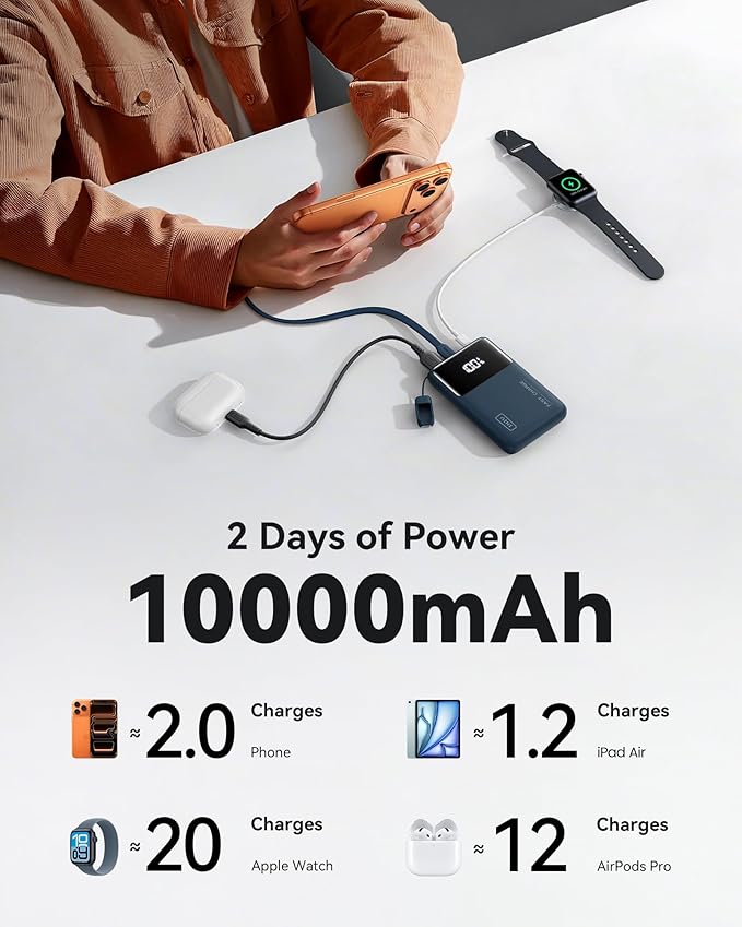 INIU Small Portable Charger, 45W PD Fast Charging 10000mAh Power Bank, Battery Pack with Attached USB C Cable, Travel Essentials Powerbank for iPhone 17 16 15 14 Pro Air, Xiaomi, Samsung S25, Blue