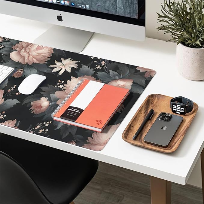 Large Mouse Pad, Black Flowers Desk Mat for Desktop, Women Girls Flowers PU Leather Waterproof Desk Pad, Computer PC Laptop Protector Gaming Mouse Pads for School Office Home 31.5" x 15.7"