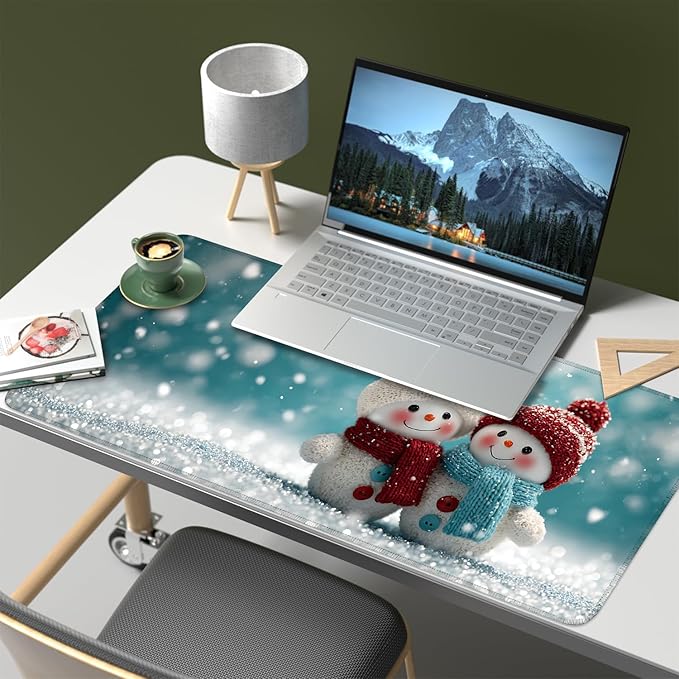 Mouse Pad, Large Anti-Slip with Stitched Edges Desk Mat Desktop Laptop Computer Desk Keyboard Mat,Table Protector Blotter Mat (Two Snowman, 35.4" x 15.7")