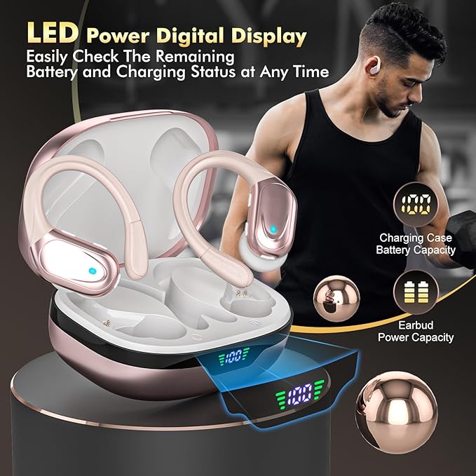 Wireless Earbuds, Sports Bluetooth Headphones, 80Hrs Playtime Ear Buds with LED Power Display, Noise Canceling Headset, IPX7 Waterproof Earphones for Workout/Running（Rose Gold）