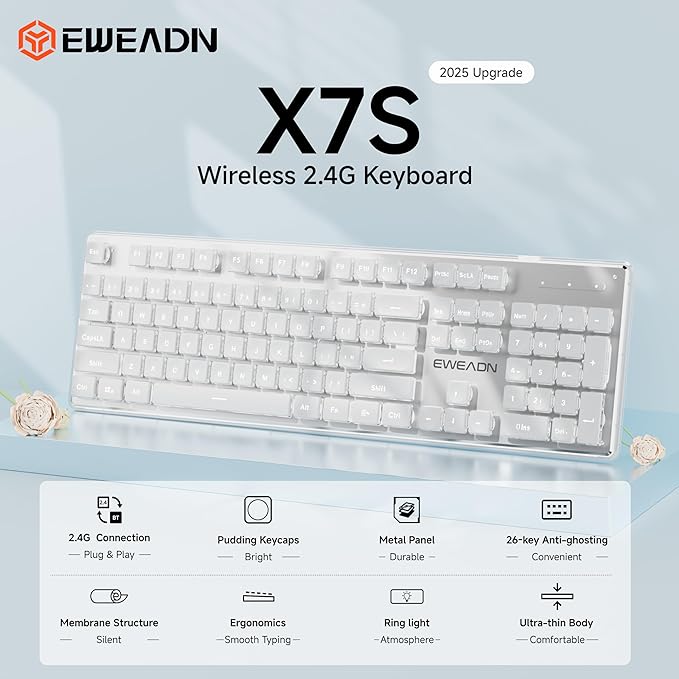 EWEADN X7S Wireless Keyboard with White Backlit, Metal Panel, 2.4G Rechargeable Computer Keyboard Silent Light up Full Size Cute Keyboards for Win & MAC - White