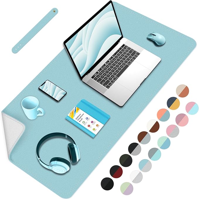 Double-Sided Office Desk Mat, Large Mouse Pad, Waterproof PU Leather Protective Pad, Laptop Desk Pad, Dual Use Cover Protector for Office/Home Keyboard (Blue+Slivery, 31.5''×15.8'')