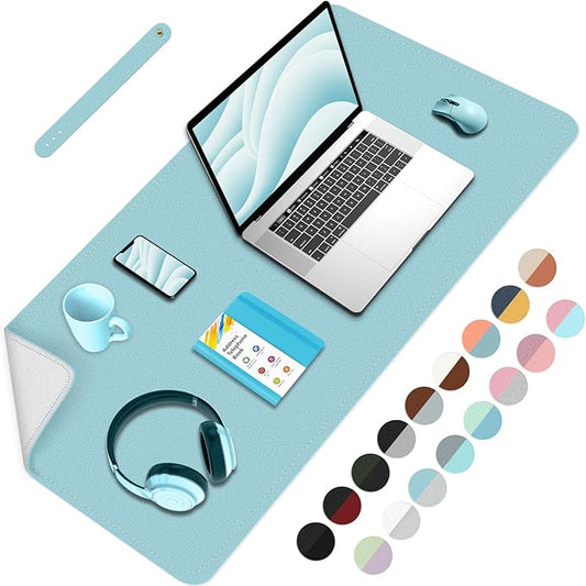 Double-Sided Office Desk Mat, Large Mouse Pad, Waterproof PU Leather Protective Pad, Laptop Desk Pad, Dual Use Cover Protector for Office/Home Keyboard (Blue+Slivery, 31.5''×15.8'')