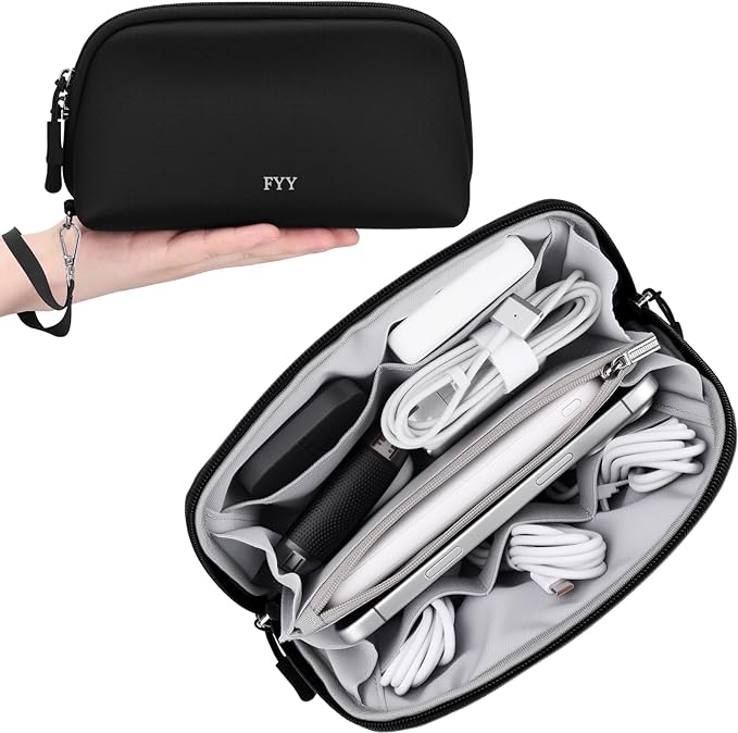 FYY Travel Cable Organizer - 8 Compartments Lightweight Water Resistant Tech Pouch with Wrist Strap, Portable Electronic Accessories Case for Cord Charger Storage for Travel Home Office, Black (Small)
