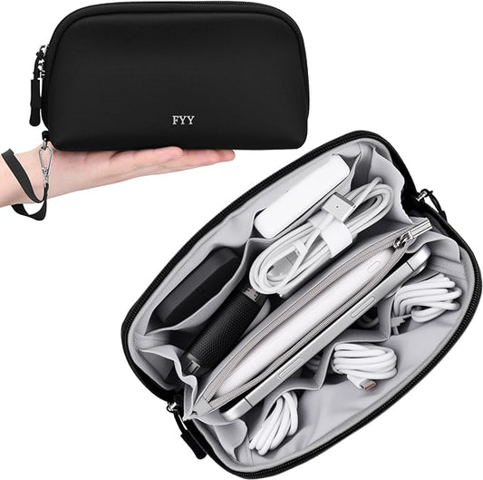 FYY Travel Cable Organizer - 8 Compartments Lightweight Water Resistant Tech Pouch with Wrist Strap, Portable Electronic Accessories Case for Cord Charger Storage for Travel Home Office, Black (Small)