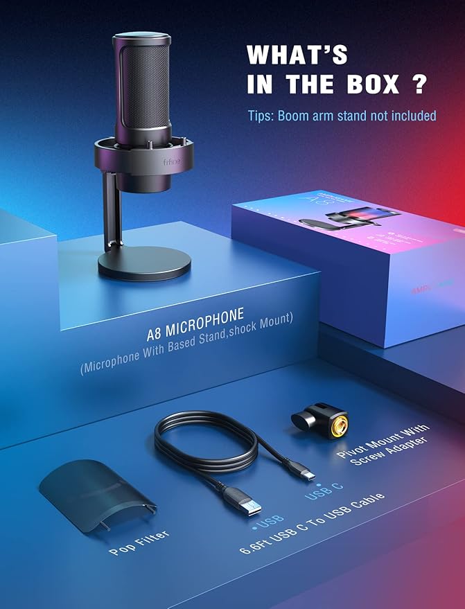 FIFINE Gaming Microphone, USB PC Mic for Streaming, Podcasts, Recording, Condenser Computer Desktop Mic on Mac, with RGB Control, Mute Touch, Headphone Jack, Pop Filter, Stand-AmpliGame A8